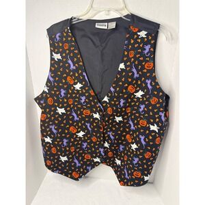 Basic Editions Plus 22W Halloween Print Vest Women's Black Orange Ghost Pumpkins